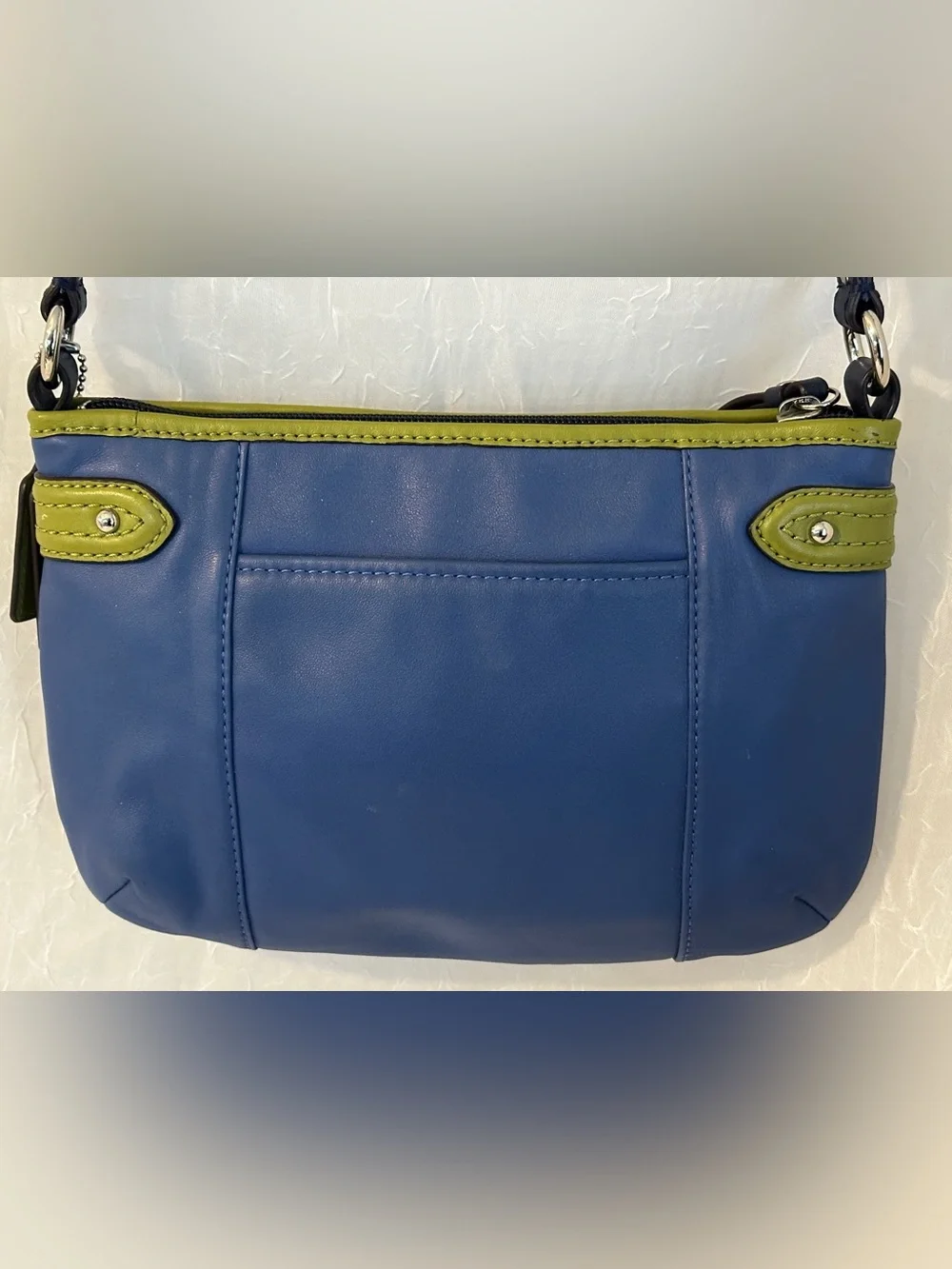 COACH Daisy Spectator Blue Leather Shoulder Bag with Olive Green Trim